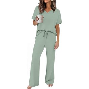 Conjunto de Salón para Mujer, Cuello en V, Manga Corta, Pantalones Anchos, 2 Piezas, Tejido Transpirable, Atuendo para Uso Diario - Product Image 1