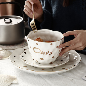 Soldes Exceptionnelles : <span class=keywords><strong>Vaisselle</strong></span> en Céramique Dorée à Pois <span class=keywords><strong>de</strong></span> Style Européen, Assiette <span class=keywords><strong>de</strong></span> Service Domestique, Bol à Soupe. - Product Image 2