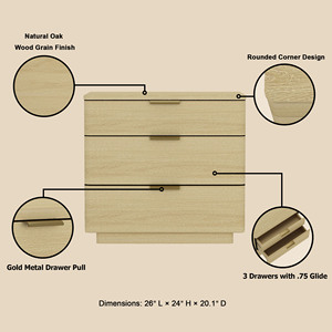Nightstand In Natural Oak Wood 3 <b>Drawer</b> <b>Storage</b> Unit <b>For</b> Bedroom - Product Image 4