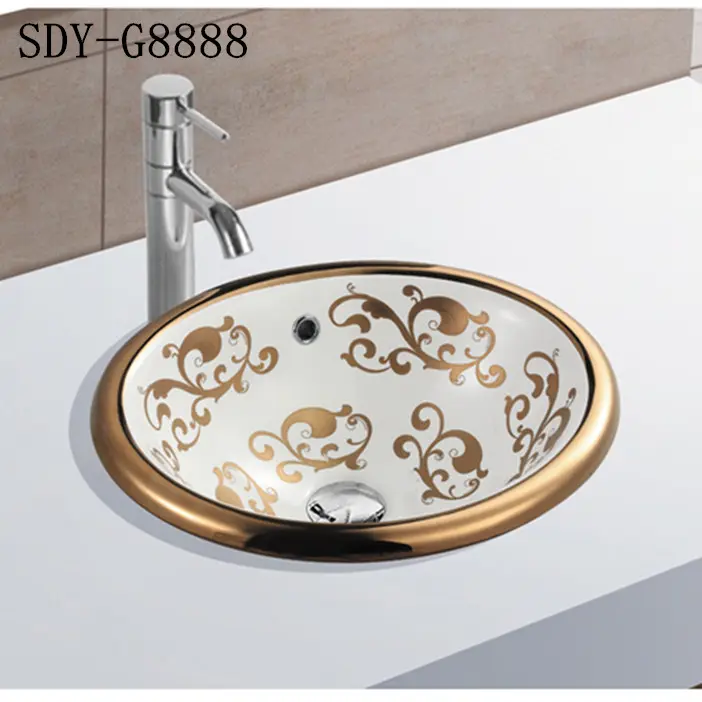 Ceramic gold color wash basin under counter sink bathroom golden color design drop in wash sink