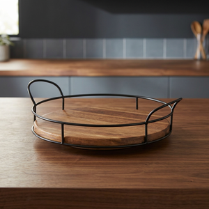Plateau de service en bois avec poignées métalliques, compatible lave-vaisselle et micro-ondes, durable, fait main, design industriel, décoration de table domestique - Product Image 1