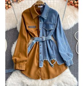 Nueva moda <span class=keywords><strong>vaquero</strong></span> empalme solapa <span class=keywords><strong>vestido</strong></span> Otoño e Invierno Irregular camisa de longitud media - Product Image 1