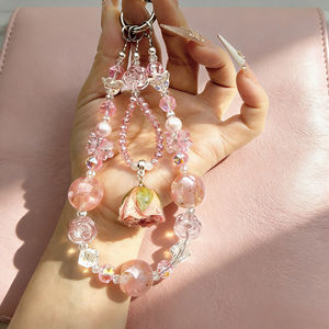 Tali Gantungan Ponsel Pendek dengan Klip, Liontin Bunga, Manik Kristal, untuk Casing Ponsel, Gantungan Kunci, dan Tas - Product Image 3