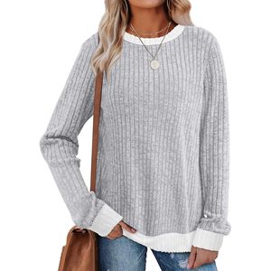 Pull à manches longues pour femme, coupe ample, col rond, color block, haut décontracté d'automne, tricot anti-boulochage - Product Image 1