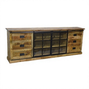 Buffet en bois rustique avec portes vitrées et poignées métalliques pour le rangement dans le salon ou la salle à manger - Product Image 1