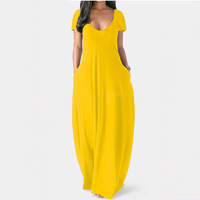 Robe d'été simple à manches courtes, col en V, poches enveloppantes, élégante robe décontractée pour femmes, robes longues de grande taille