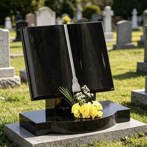 Offener Buchförmiger <span class=keywords><strong>Grabstein</strong></span> aus schwarzem Granit, individuell graviertes Gedenkgrabstein mit Blumenhalter für den Friedhof - Product Image 3