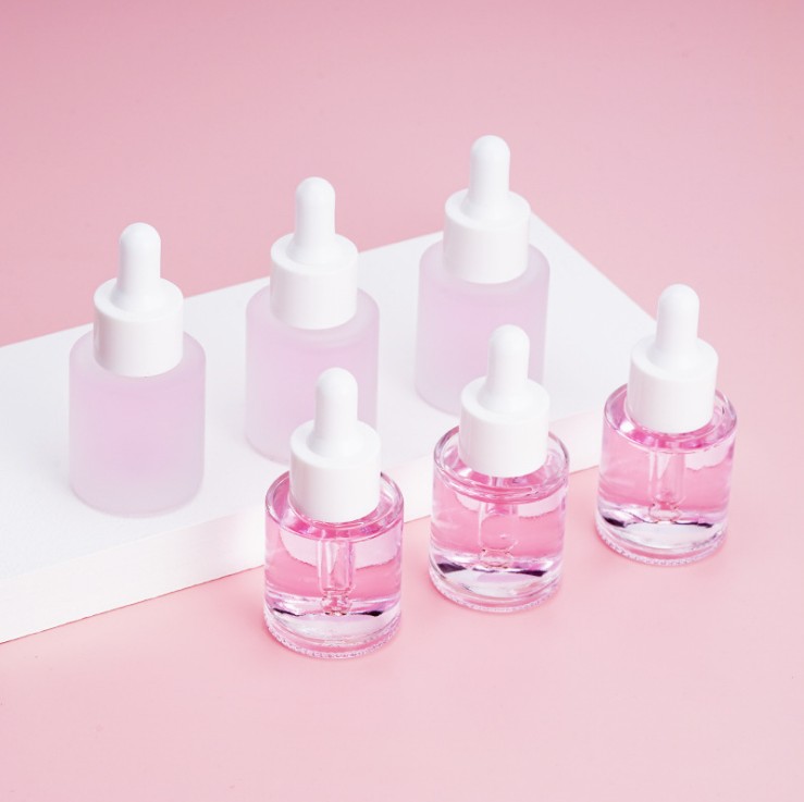 Botol kaca silinder bahu datar dengan pipet kaca buram bening 15ml 20ml 1 oz kemasan kosmetik bulat putih