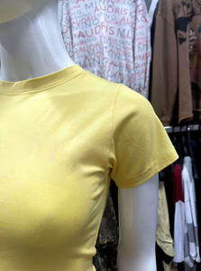 <b>Women's</b> <b>Yellow</b> Cropped <b>T</b>-<b>Shirt</b> Crew Neck Short Sleeve Casual Solid Color Knitted Fabric Adult Size - Product Image 3