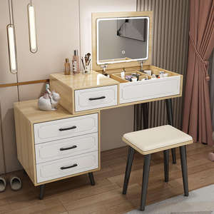 Table de toilette moderne minimaliste nordique avec panneau lumineux, miroir caché, rangement intégré, coiffeuse compacte pour petite chambre - Product Image 4