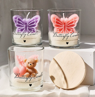 Bougie parfumée en verre transparent avec figurines 3D papillon et ours, décor floral rose en forme de cœur, bougie aromatique adorable