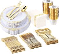 Assiettes en plastique dorées personnalisées, service de vaisselle doré pour 50 invités, 100 invités, 350 pièces, service de vaisselle noir et or