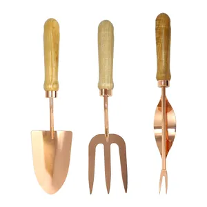 Venda quente 3pcs Aço Inoxidável Jardim Tool Set Rose Gold Shovel Fork Weeder Lidar Com Madeira Jardim Define Ferramentas