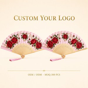 Éventail Flamenco à Main en Bambou Imprimé Roses Rouges avec Pompon Rose, Logo Personnalisé, Cadeau de Fête, Vente en Gros, Fabrication Directe - Product Image 1