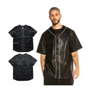 custom wholesale full button retro top design quality cheap black embroidery old fashion men leather baseball jersey