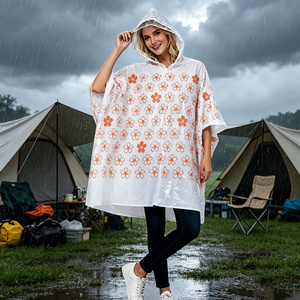 Poncho de Lluvia Desechable de PE con Impresión Personalizada, Diseño Floral Blanco y Rosa Sakura, Capucha Impermeable para Adultos, Ideal para Festivales y Viajes, OEM - Product Image 2