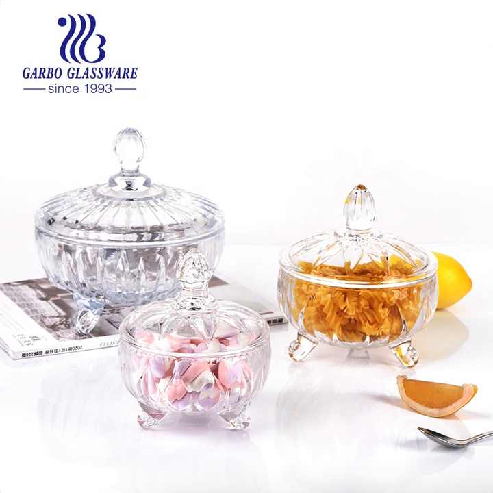 China Wholesale high white engraved crystal clear with lid sugar pot sugar bowl glassware candy sweet food storage glass jars
