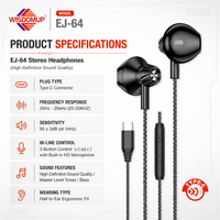 Écouteurs intra-auriculaires filaires WISDOMUP EJ-64 Type-C étanches IPX-5 avec chipset JL, basses profondes, son stéréo HiFi, codec AAC et cordon de 1,2 m