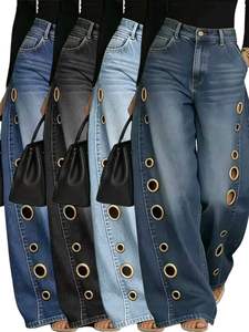 <span class=keywords><strong>Jeans</strong></span> da <span class=keywords><strong>donna</strong></span> a gamba dritta media, modello Street New, con occhielli metallici intagliati, tinta unita, vestibilità ampia e rilassata - Product Image 1