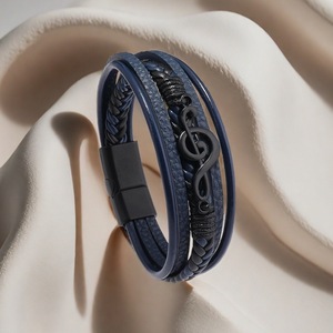 Men's Multi Layer Leather Braided <b>Magnetic</b> <b>Clasp</b> Bracelet With Musical Note Design Black Color Gift Jewelry - Product Image 3