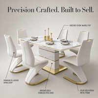 Ensemble de table à manger rectangulaire en marbre de luxe moderne avec base dorée et 6 chaises rembourrées, mobilier de salle à manger d'hôtel, vente en gros