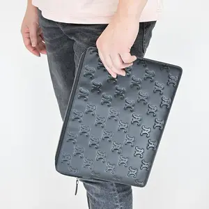Luxury custom full emboss logo black genuine real cow leather 13in laptop protector cover sleeve bag for computer