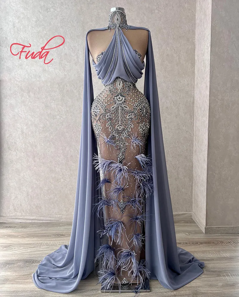 FUDA C204 Luxury Mesh Evening Dress Crystal Beaded Silver Sleeveless Designer Golden Rhinestone Diamond High-End Ball Dress