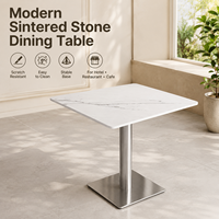 Table de café carrée en pierre frittée avec bord arrondi, piétement en acier brossé, robuste, pour restaurant, vente en gros, sur mesure