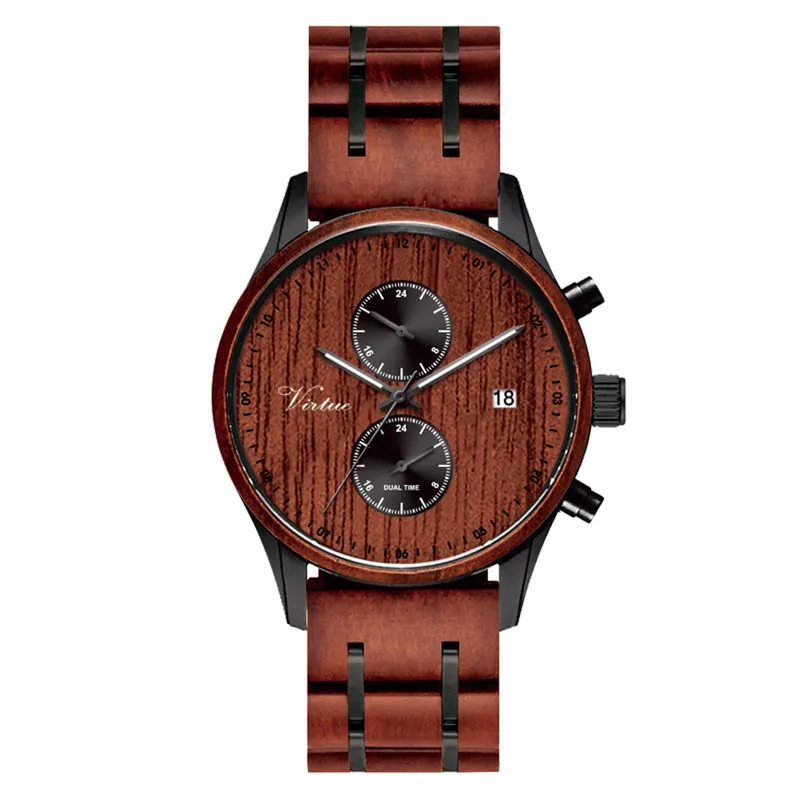 Watches Men 2020 New Design Luxury Wooden Watches Dual Time Men Wrist Custom Logo Low MOQ Chronograph Quartz Stainless Steel Wood Watch