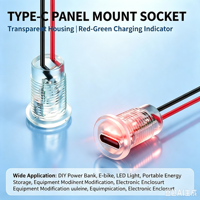 Conector Hembra de Carga con Indicador LED de Doble Color Rojo y Verde LN-006, Tipo-C Transparente para Montaje en Panel, con Cable