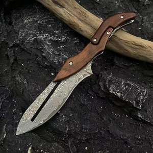 Couteau droit mécanique, lame en acier Damas, manche en aluminium/bois, personnalisable OEM, pour le camping en plein air, cadeau - Product Image 1
