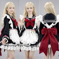Conjunto de Vestido Lolita con Cuello Marinero para Mujer, Manga Larga, Volantes, Encaje, Delantal, Lazo Rojo y Negro, Estilo Kawaii, Mini Vestido de Fiesta