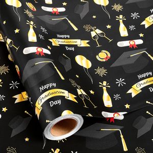 Graduation <b>Wrapping</b> <b>Paper</b> Roll 17 Inch X 16.5 Feet Black Gold Elegant Cap Diploma Gift Wrap For Graduation Celebration - Product Image 1