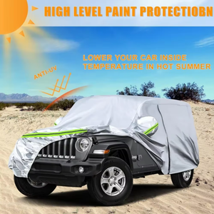 Housse de protection pour <span class=keywords><strong>Jeep</strong></span> <span class=keywords><strong>Wrangler</strong></span> 4 portes 2007-2025, argentée, toutes saisons, avec fermeture éclair sur la porte, bande coupe-vent pour neige, pluie, poussière, grêle - Product Image 4