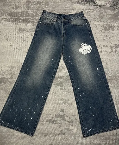 Calças personalizadas Oversized solto impresso lavado escuro calças bell bottoms sunfade jeans