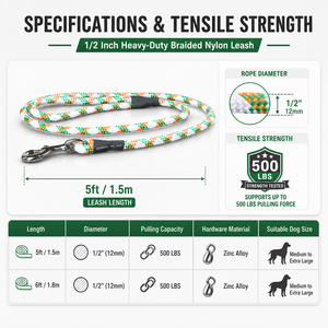 Laisse pour chien en corde d'escalade robuste, 1/2 pouce, en nylon tressé simple/torsadé, durable, réfléchissante, style occidental avec perles, pour grands chiens - Product Image 2