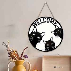 Letrero de madera de bienvenida con diseño de gato para sala de estar y dormitorio, decoración creativa para colgar en la pared, letrero de bienvenida de madera. - Product Image 4