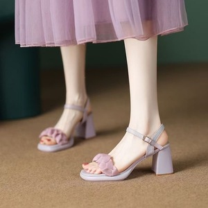 Sandalias de Tacón Alto con Correa en el Tobillo y Cierre de Hebilla, Estilo Hada, Color Morado, Verano 2026, Tacón Cuadrado, Estilo Francés, Impresionantes - Product Image 1