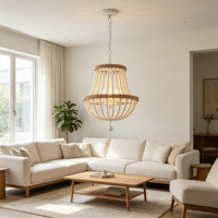 Lustre à perles de bois blanc, suspension double anneau, finition bois naturel, lampe longue moderne à suspension moyenne pour salon