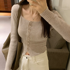 Elegante Cardigan da Donna Autunno Inverno Nuovo con Collo Quadrato, Vita Corta, Vestibilità Slim, Maniche Lunghe e Dettagli in <span class=keywords><strong>Pizzo</strong></span> Halter - Product Image 1