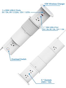 Prise industrielle américaine avec charge sans fil, prise pneumatique escamotable, 5 prises, 2 ports, charge rapide 15W, WiFi, alimentation cachée pour comptoir - Product Image 6
