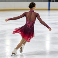 Robe de patinage artistique à col haut et manches longues, dégradé rouge vin avec strass, en tissu mesh pour compétition et spectacle sur glace (adultes et enfants)