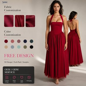 Robes d'été décontractées personnalisées en polyester pour femmes, style licou sans manches, taille <span class=keywords><strong>basque</strong></span> plissée, coupe trapèze, longueur midi, avec superposition en tulle, pour soirée - Product Image 1