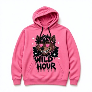 Sweat-shirt rose à capuche unisexe avec imprimé loup de dessin animé, design effet gouttelettes, poche avant, décontracté, pour l'automne, coupe classique - Product Image 1