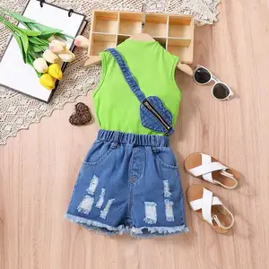 Mùa Hè Quần Áo Trẻ Em Cho Cô Gái Cổ Tank Top Ripped Nguyên Hem Quần Short Denim Túi 3Pcs Trẻ Em Quần Áo Cho Cô Gái Cotton 2024