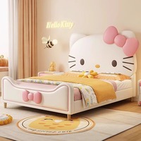 Lit Double Moderne et Luxe pour Chambre, Cadre Rembourré en Tissu, Taille King, Design Animalier en Forme de Dessin Animé Hello Kitty