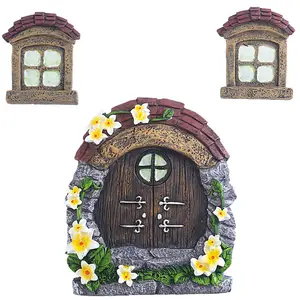 Großhandel Miniatur Harz-Tür und zwei Fenster leuchtend dunkel für Baumdekoration