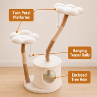 Arbre à chat en bois massif avec plateforme double en forme de fleur, griffoir en sisal, niche fermée, robuste, capacité 18 kg, mobilier pour chat en peluche