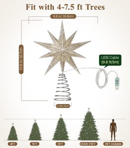Vintage moderne LED-sterboomtopper met USB-aansluiting, afstandsbediening en kerstverlichting ornament in champagne-goud voor decoratie - Product Image 5