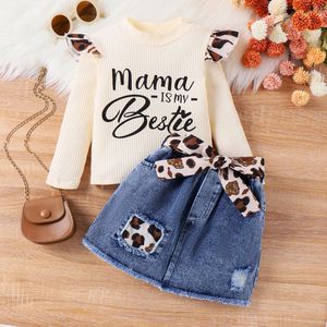 Abbigliamento Autunno-Inverno per Bambine Europee e Americane da 4-7 Anni, Set con Top in Cotone e Gonna in Denim con Stampa Leopardata - Product Image 4